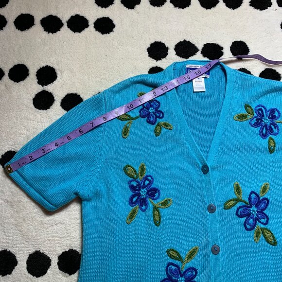 Pendleton Vintage Cardigan Sweater M Blue Floral Embroidered Short Sleeve V-Neck - Picture 11 of 11